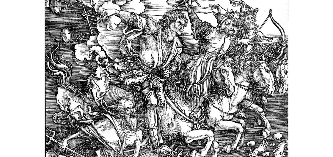 A line drawing of the four horsemen of the apocalypse