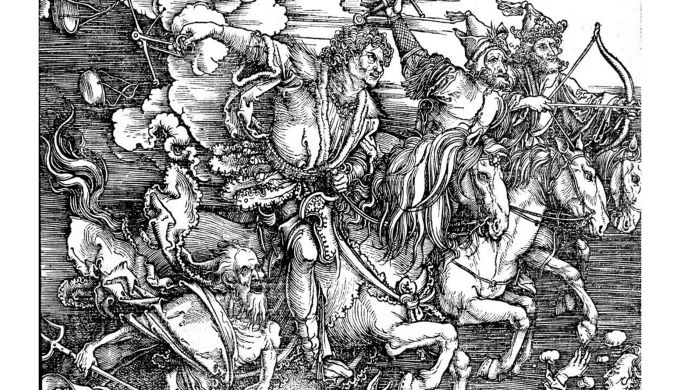 A line drawing of the four horsemen of the apocalypse