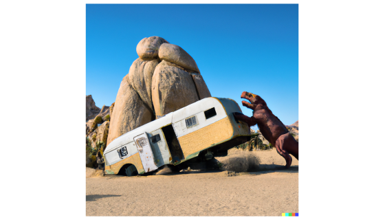 Dinosaur destroying an RV at Joshua Tree